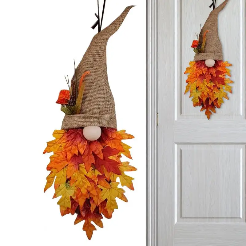 Autumn Door Wreath Lovely Gnome Wreath with Colorful Maple Leaves Front Door Wreath Farm Decor for Door Walls Courtyard Porch