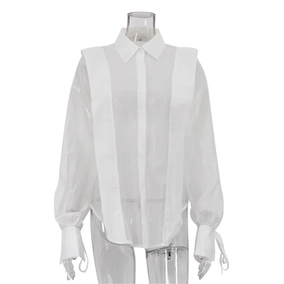 ファッションホワイトコットンシャツ女性2025夏シースルーカジュアルラペル長袖ブラウスレースアップルーズトップ女性服