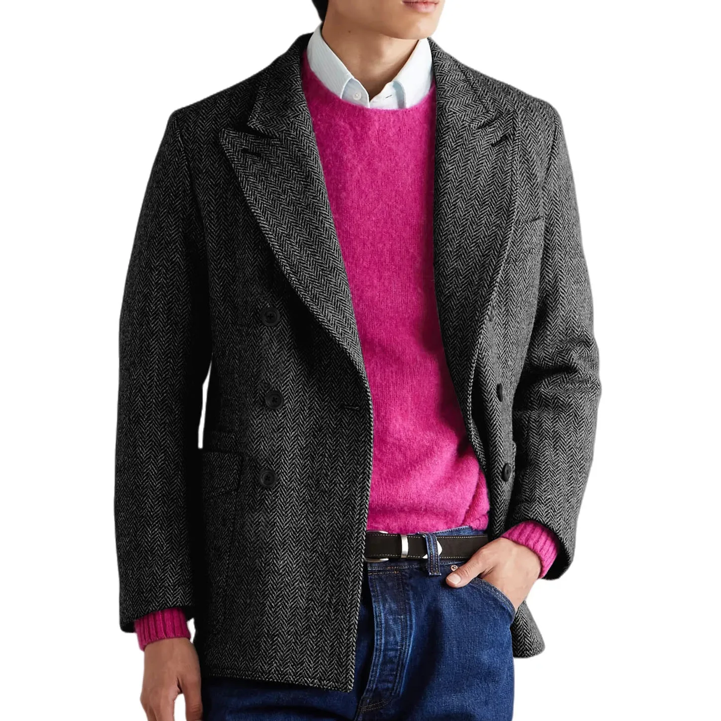 イタリアンスタイル メンズ ヘリンボーン ブレザー スリムフィット ダブルブレスト カジュアル 快適 ファッションジャケット ヴィンテージ カスタム アウターウェア