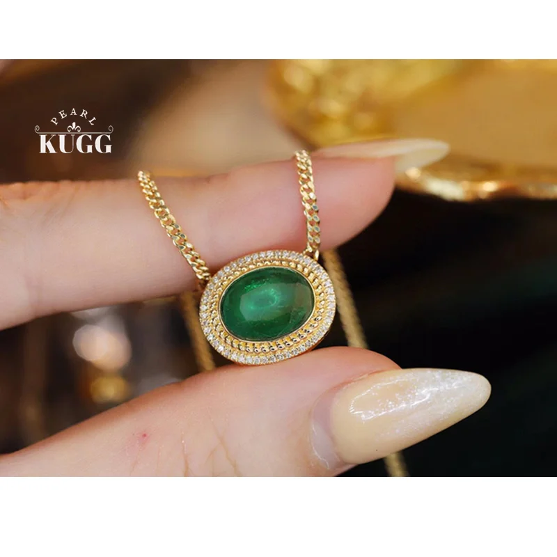 KUGG 100% 18K Yellow Gold Necklace Cuban Chain Vintage Oval Shape Shiny Diamond Natural Emerald Necklace for Women Party Jewelry