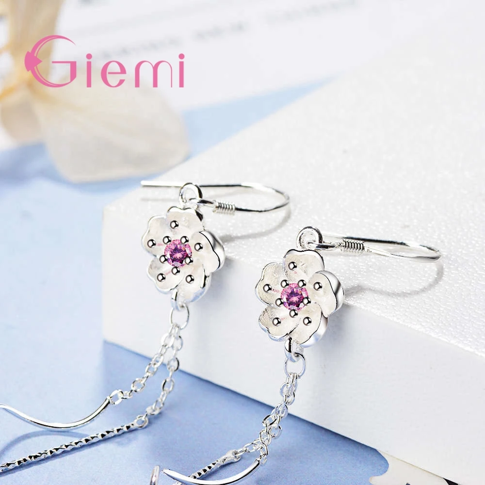New Arrival Long Earrings 100% 925 Sterling Silver High Quality Pink Cubic Zirconia Pretty Flowers Shape For Women Jewelry