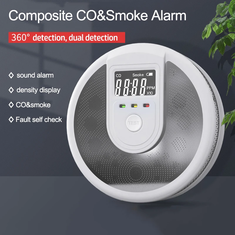 Composite Independent Type CO Smoke Alarm Fire Protection Smoke Detector 2 in 1 Carbon Monoxide Sensor for Home Hotel School