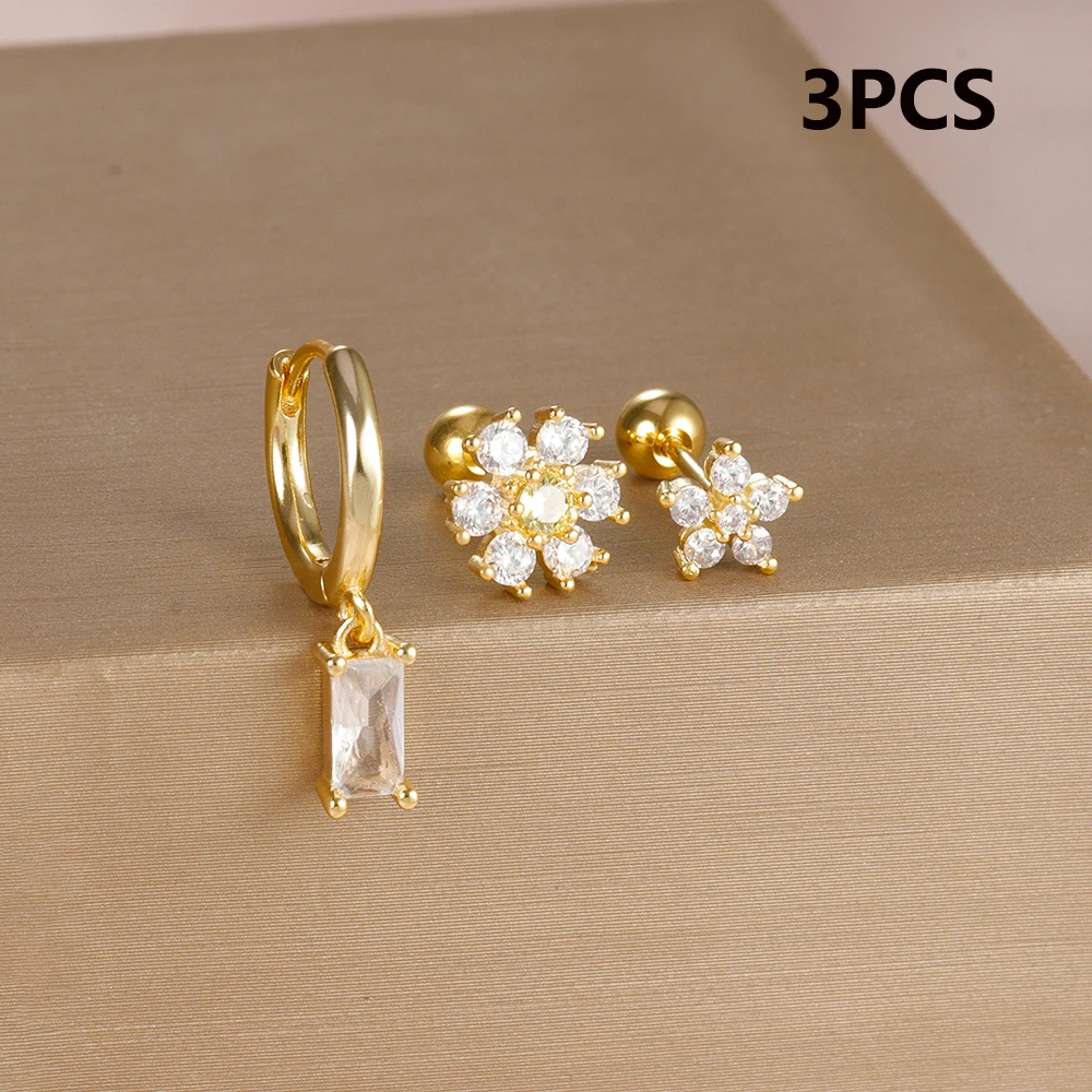 Square Hoop Earring Set for Women Exquisite Small Stainless Steel Zircon Flower Fruit Cartilage Piercing Earring Fashion Jewelry