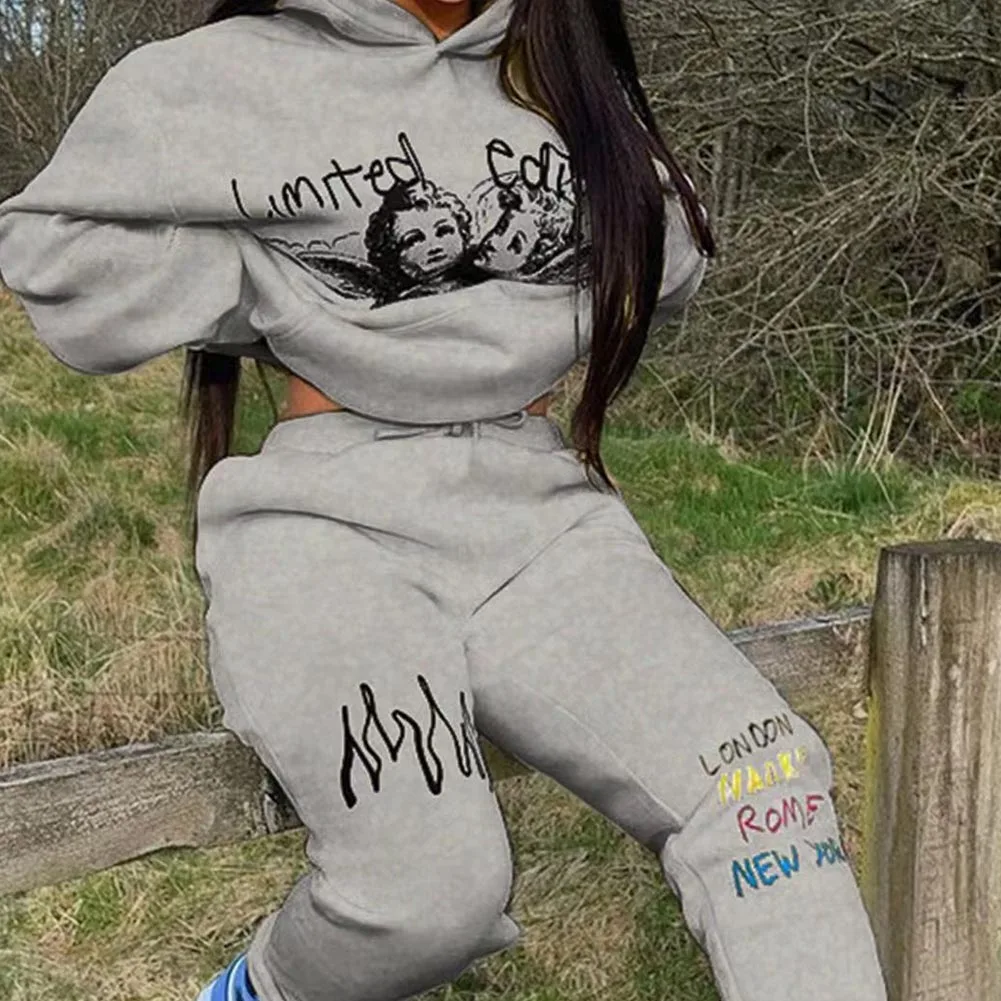 

Newest Daily Sweatshirt Set High Collar Hooded Sweatshirt Printed Drawstring Hoodie Two-piece Set Women Casual Wear