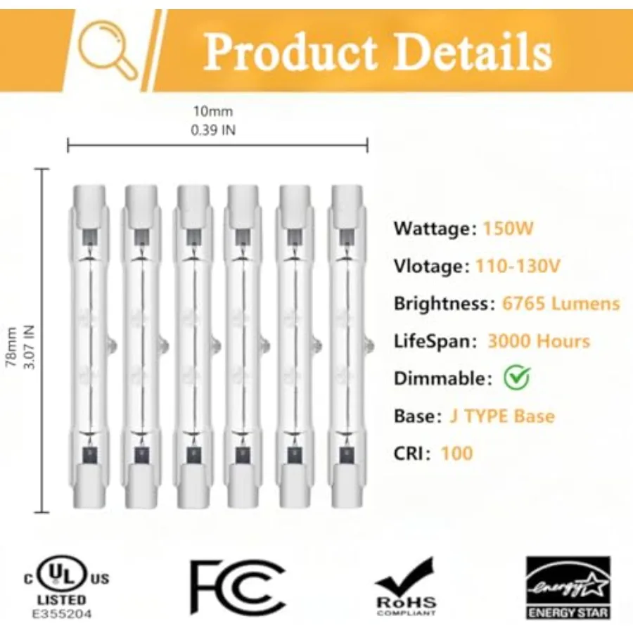 R7S Halogen Light Bulbs 120V 150W, 6 Pack J78mm T3 J Type Halogen Bulbs, 3 Inch Long Double Ended Light Bulb for Work, Security