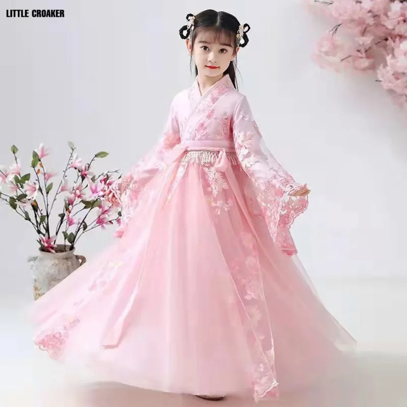 Chinese traditional folk dance dress girls pink dance costume Hanfu girls princess dresses set kids party cosplay clothing