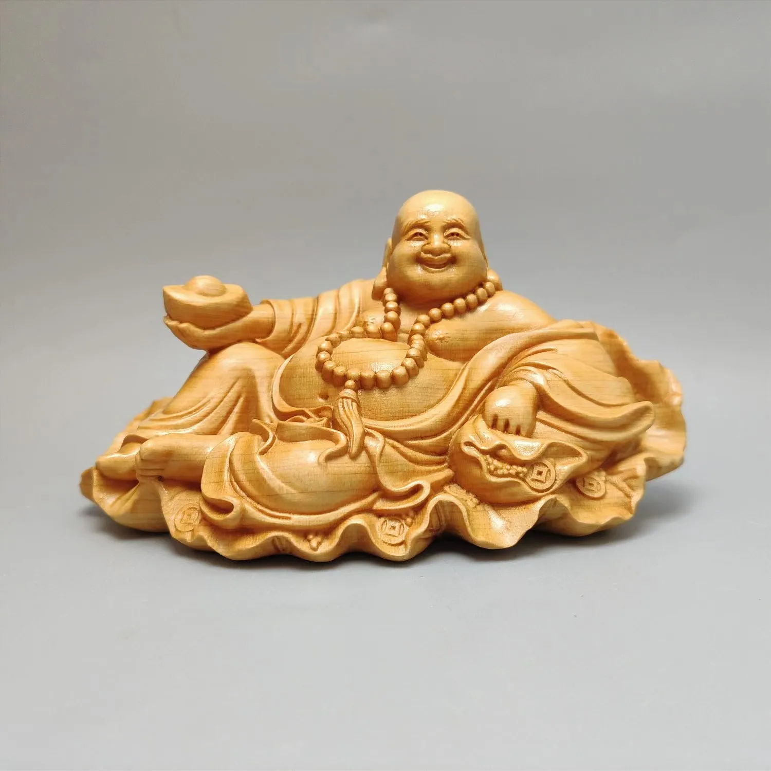 Cliff Cypress Lotus Leaf Maitreya Buddha Ornament Woodcarving Crafts Chinese style Home Decoration Office accessories Statue