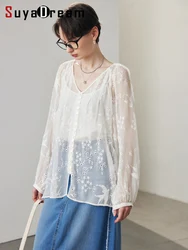 SuyaDream, Women White Shirts, 100%Silk, V Neck, Embroidery Chic Shirts, 2024 Spring Summer Casual Top