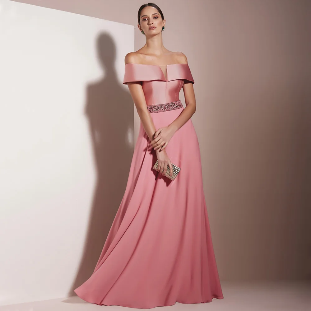 2023 Mother of  Bride Dresses for Weddings Off  Shoulder Pink Wedding Guest Gowns Long A Line V Neck Beading Evening Dress