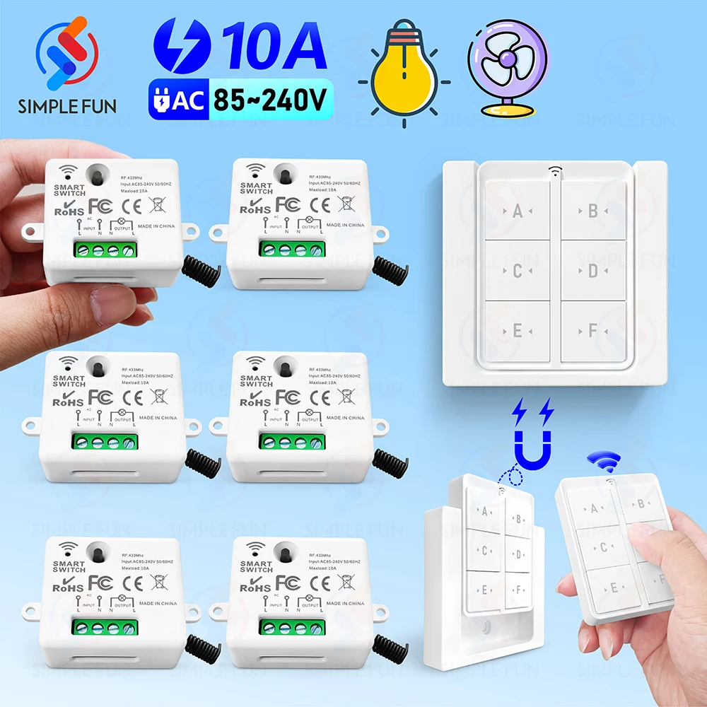 Interruptor de luz inalámbrico con Control remoto, minimódulo de relé magnético de 433MHz, 110V, 220V, 10A, para ventilador de lámpara encendido y