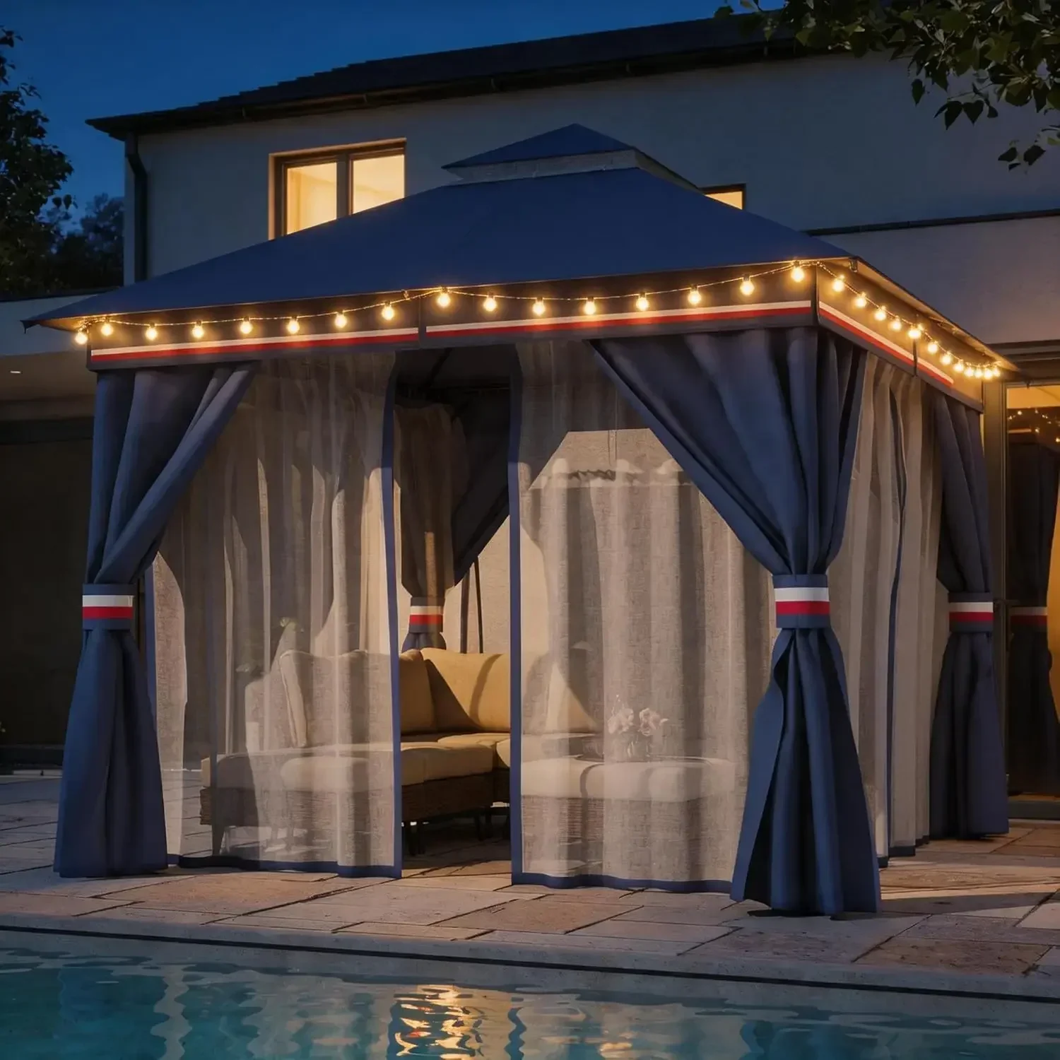 Patio Gazebo 10'x10', with 50ft Lights Outdoor Heavy Duty Party Tent Shelter with Double Roofs, Mosquito Nettings and Privacy Sc