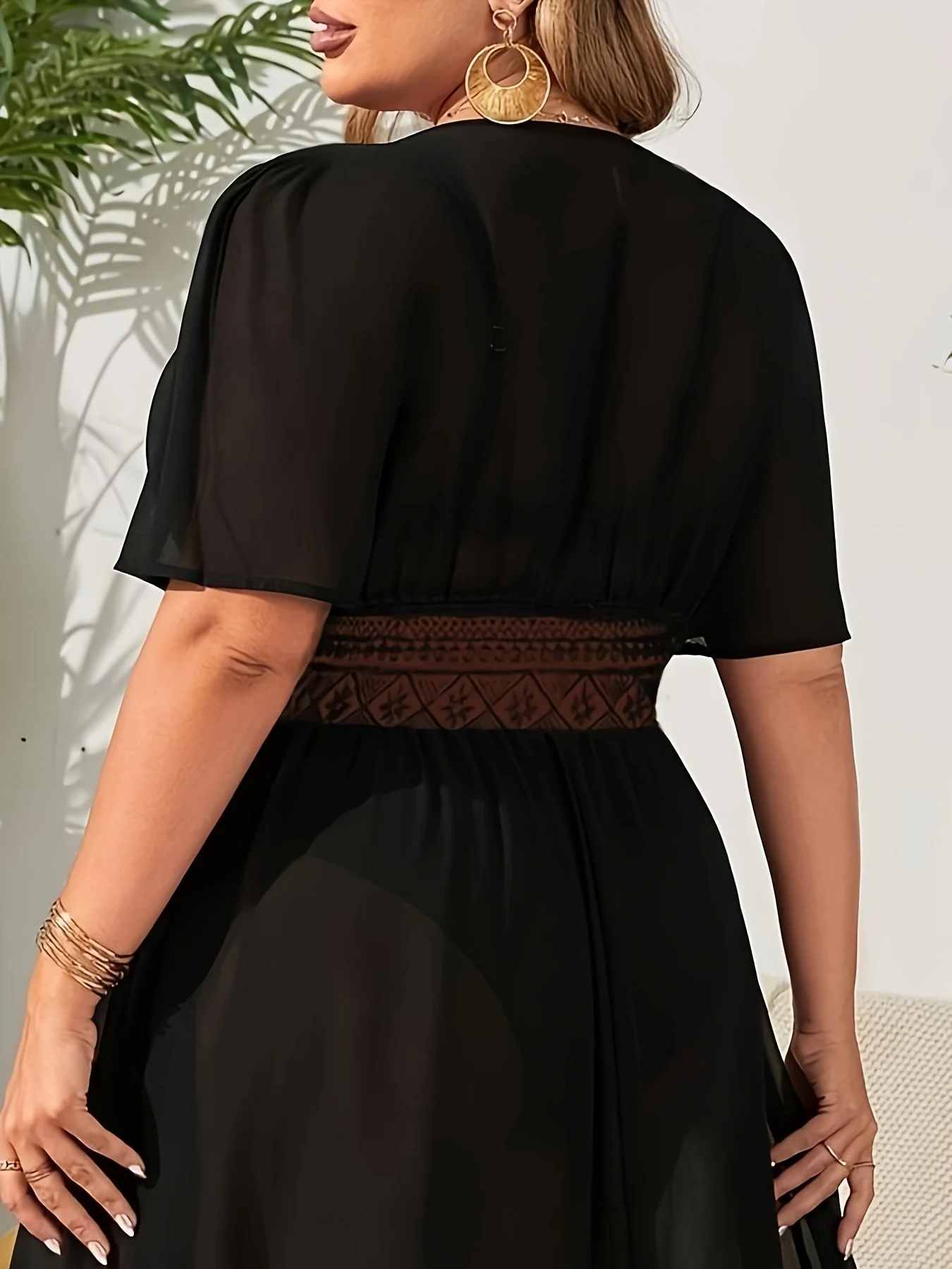 MOXDOSheer cover-up, sheer maxi skirt, casual beach vacation style, deep V-neck, tie-front, plus size, for the pool, poolside, 4