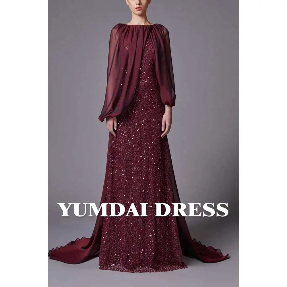 YUMDI Luxury Gubai Burgundy Sequin Evening Gown 2024 Saudi Bride Wedding Mom Outfit Formal Guest Chiffon Smock Sleeve Party Gown