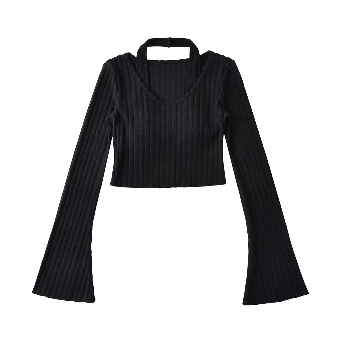 홀터넥 티셔츠 긴팔 슬림핏 티셔츠 브이넥 벨슬리브 매혹적인 티셔츠 섹시 캐주얼 한국 스타일 블라우스!