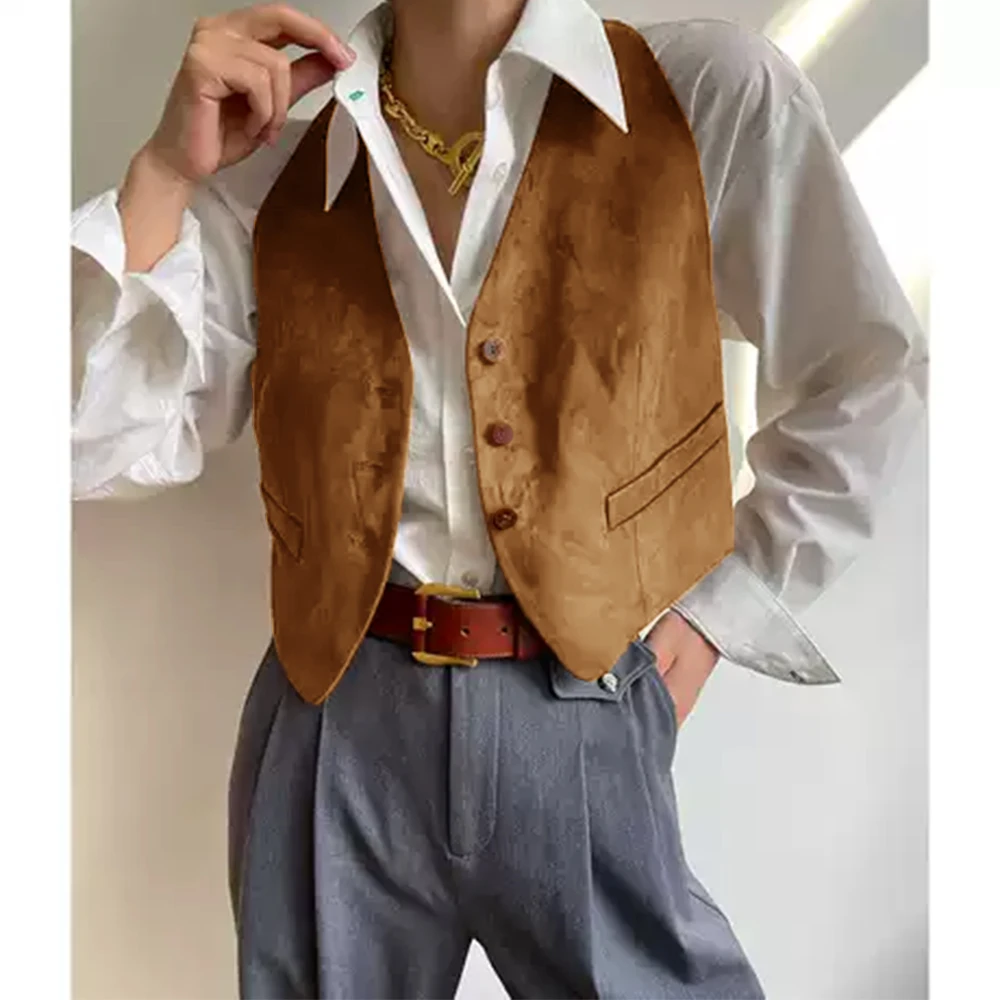 Suede Clothes for Lady Casual Sleeveless Vests for Women Jackets Single Breasted Waistcoat Suit Female Vintage Boho Clothing