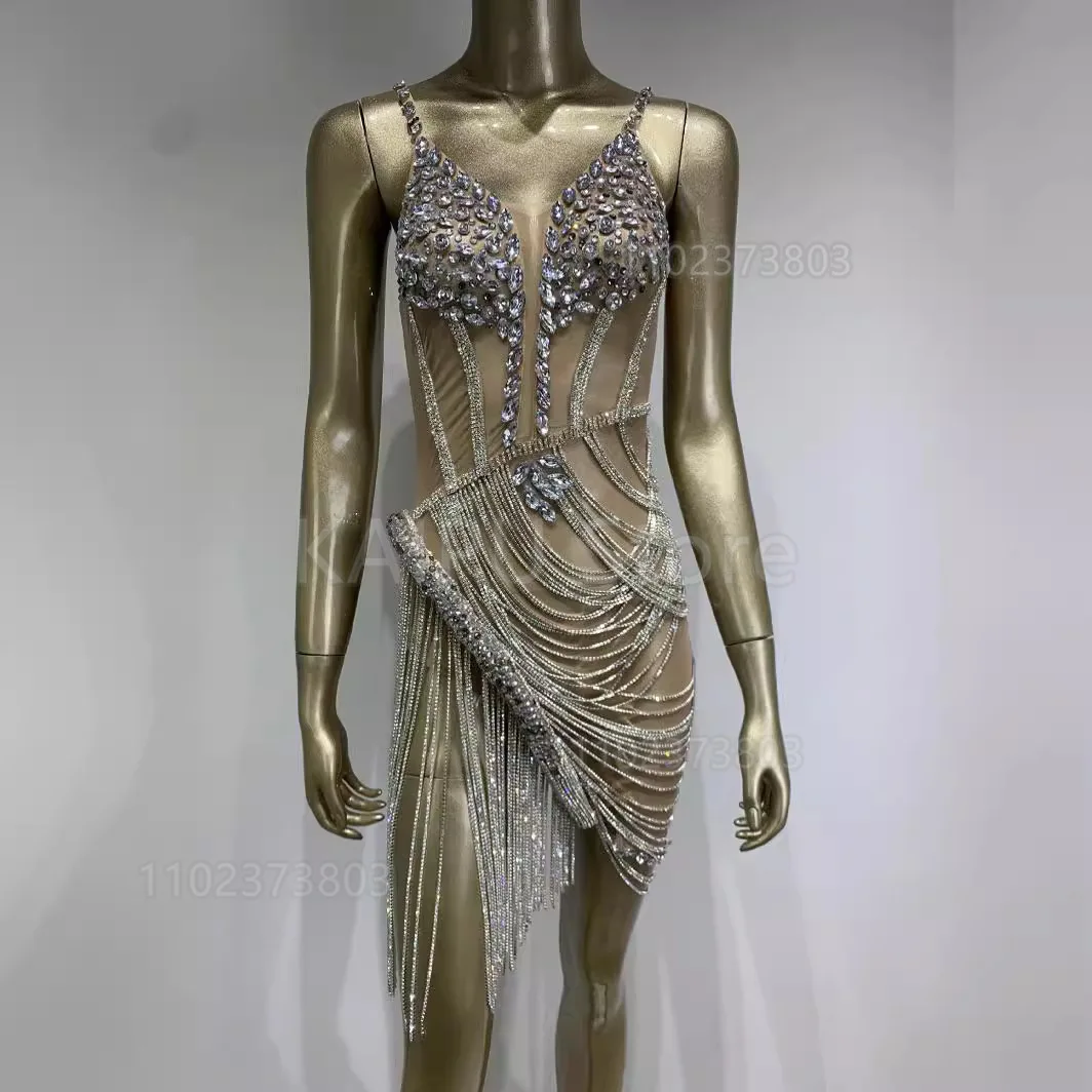 Robe de luxe à bretelles en strass, chaîne en diamant, robe de Banquet, de Club, de spectacle sur scène, de pom-pom girl, brillante