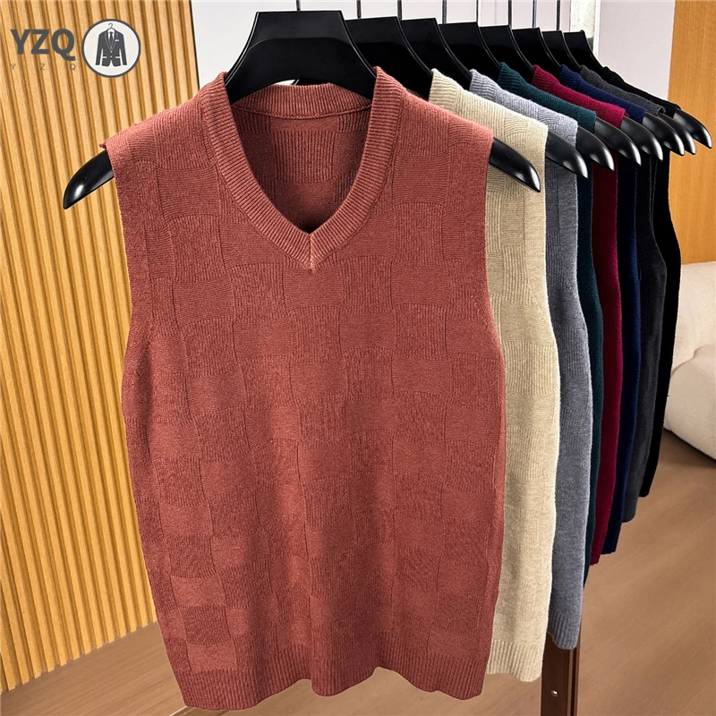 V Neck Sleeveless Jacquard Knit Vest For Men Soft Texture Knitwear Business Casual Sweater Tank Top Autumn Layering Clothes