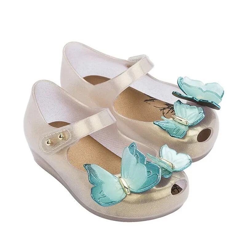 Sandales de plage papillon scintillant pour enfants, chaussures en MSI, mini princesse originales, chaussures à paillettes en PVC, mode, HMI039,