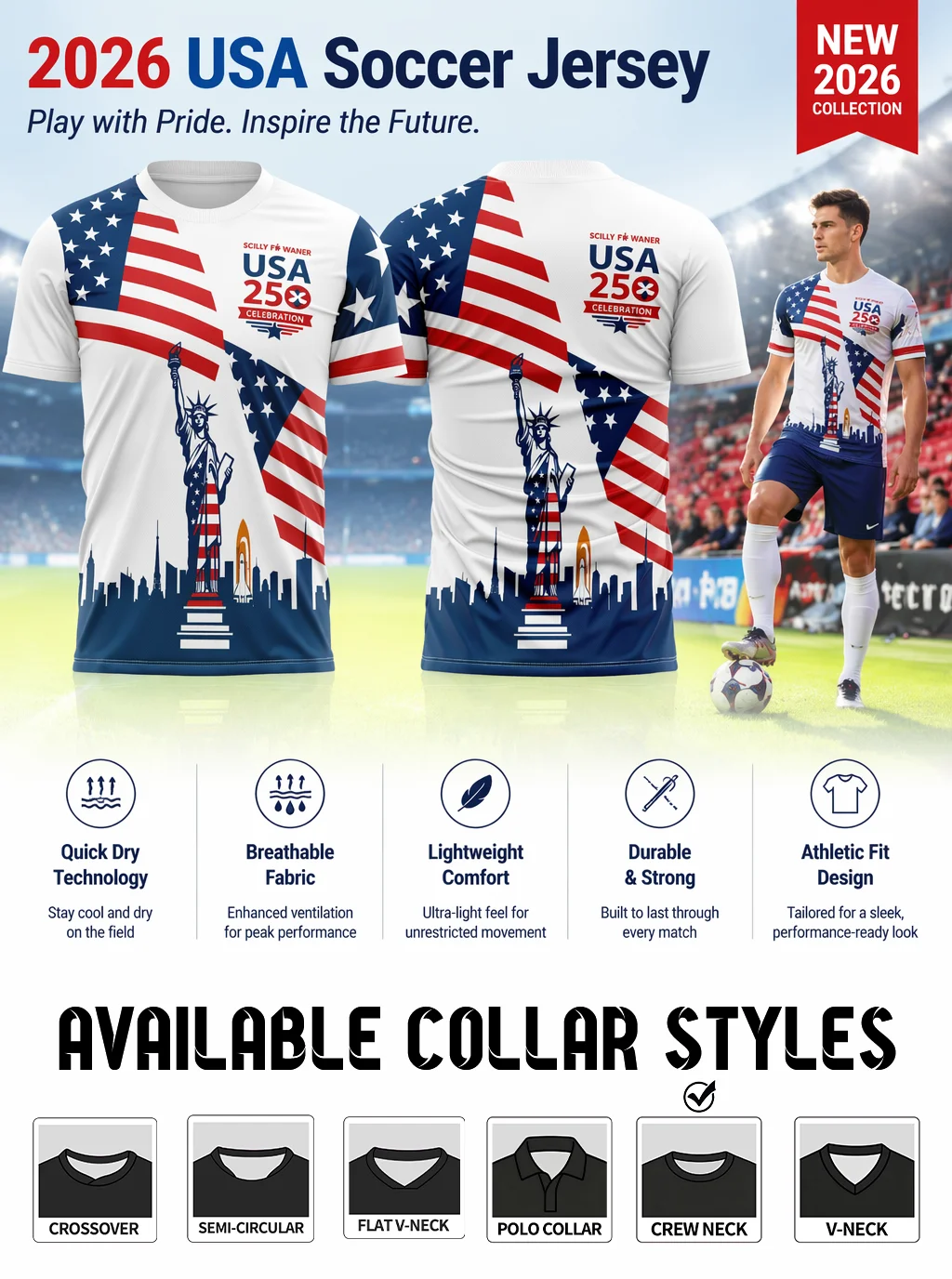 USA themed football jersey,landmark full print,4‑way stretch fabric,moisture‑wicking,slim athletic fit