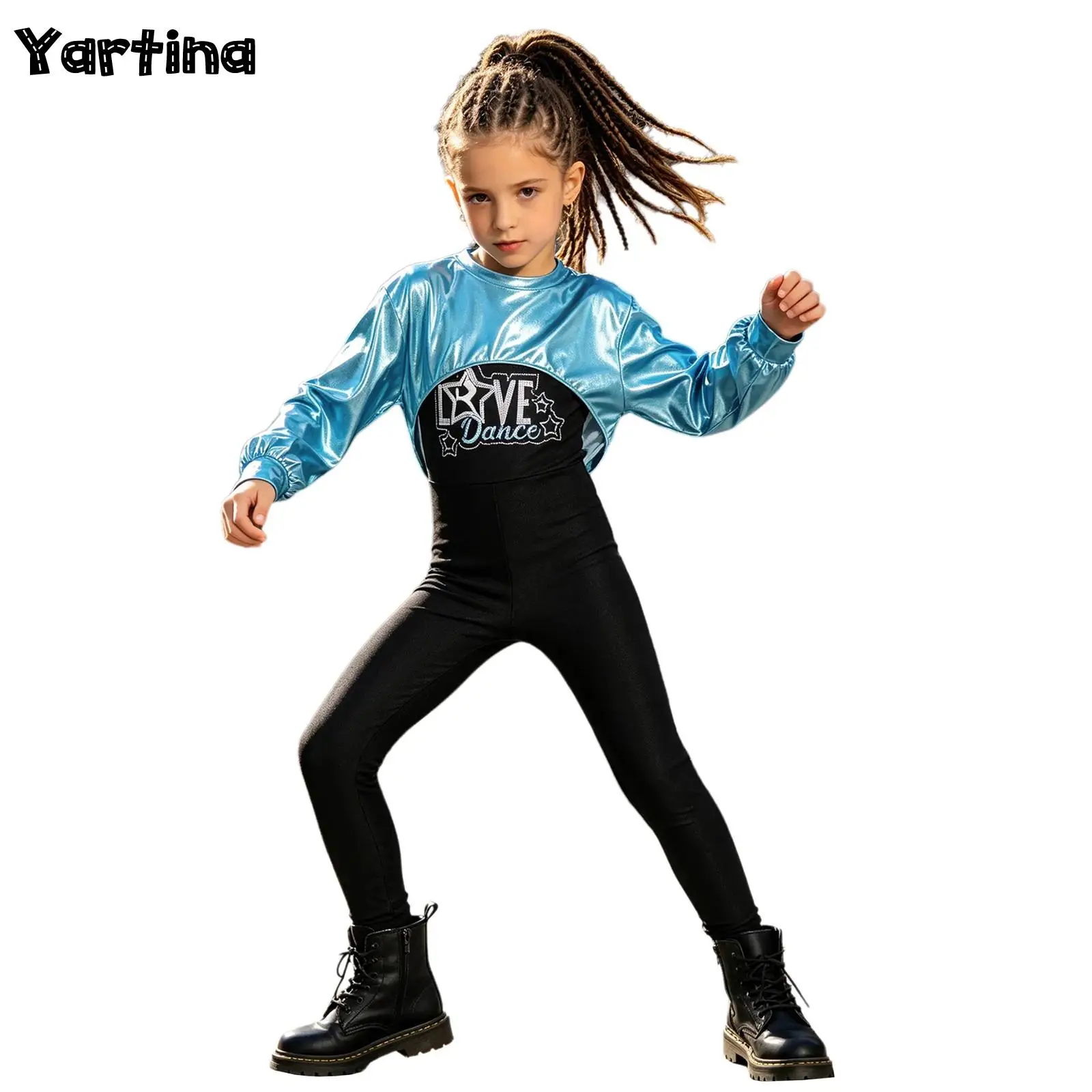 Kids Girls Jazz Dance Outfit Performance Hip Hop Costume Long Sleeve Asymmetrical Hem Crop Top Letter Print Jumpsuit