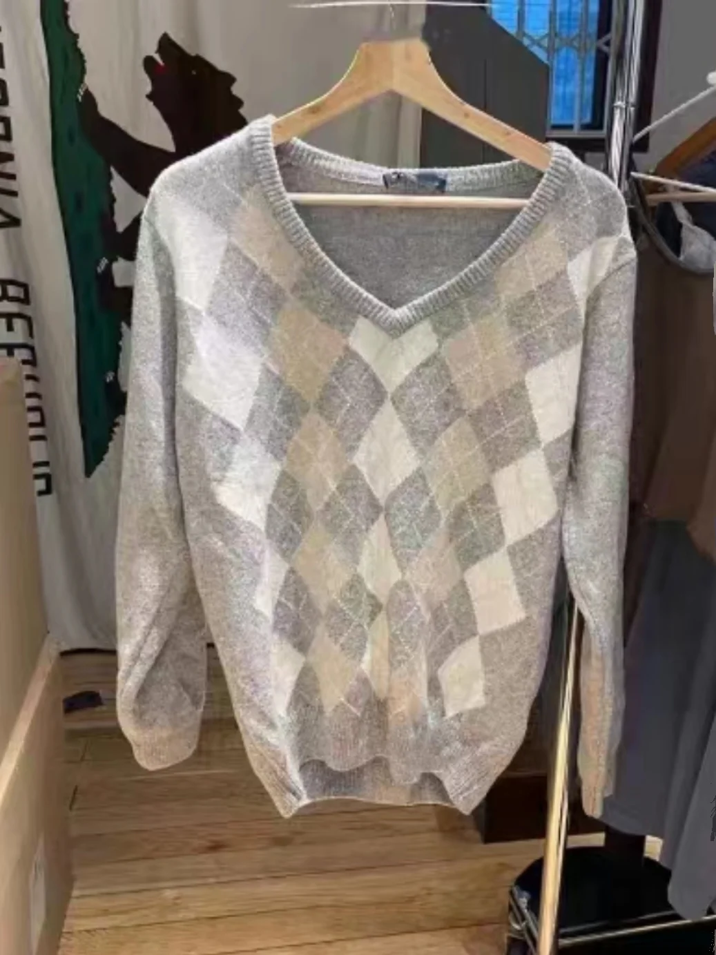 

Loose V-Ne Long Sve Knitted Sweater Brand New BM Diamond id Pattern Base Layer Top Faionable Commute Sle Cotton Blend