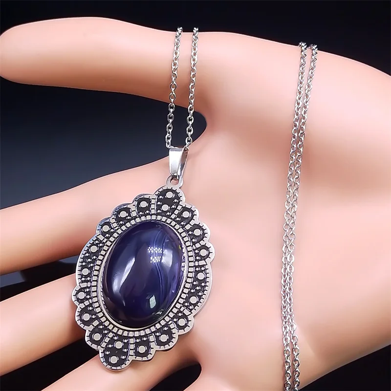 Vintage Stainless Steel Pendant Necklace for Women Purple Natural Stone Flower Antique Bohemia Necklaces Boho Party Jewelry Gift