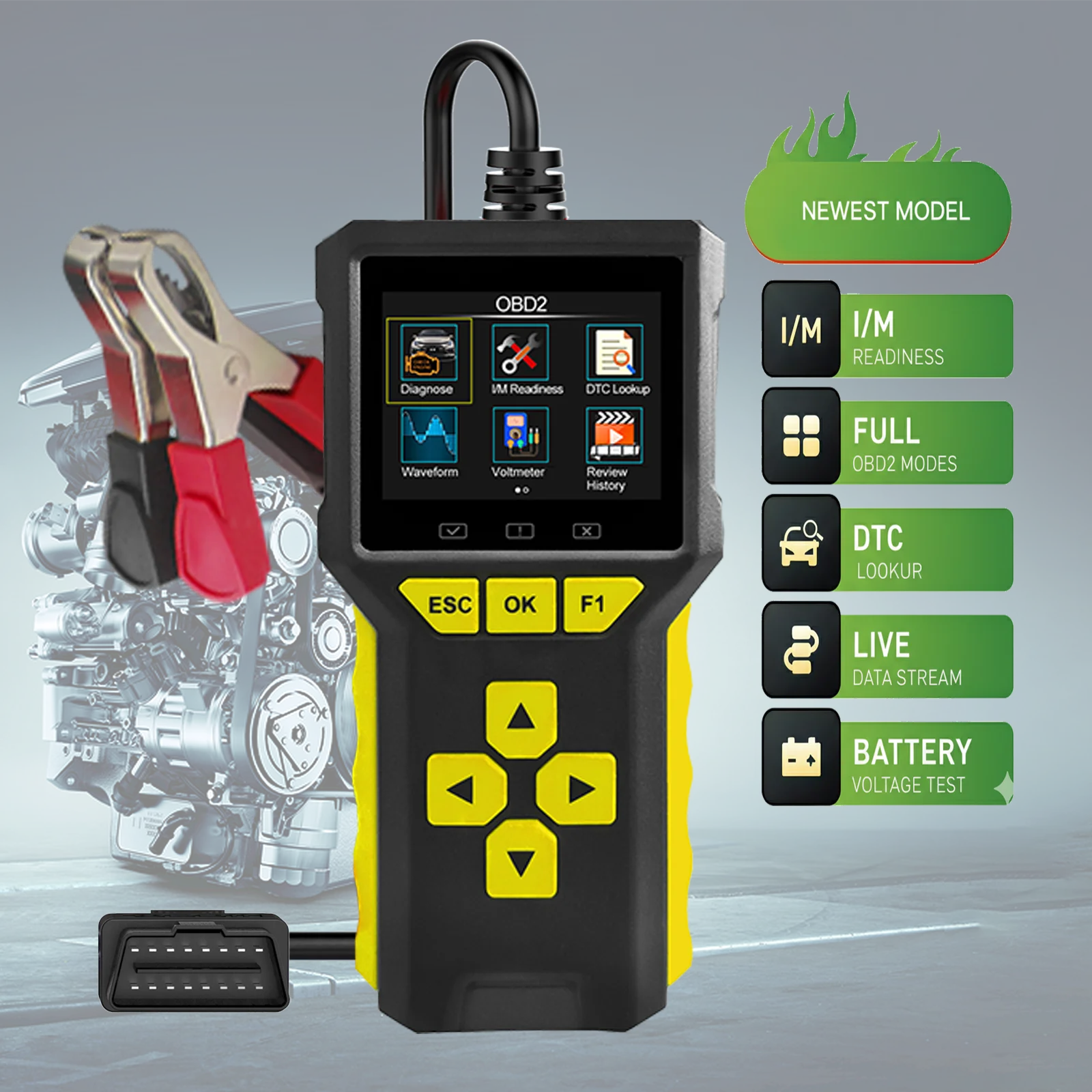 

Тестер аккумуляторов и сканер OBD2 для диагностики ошибок двигателя, считывания кодов неисправностей автомобиля и проверки готовности к обслуживанию (I/M Readiness Monitor)