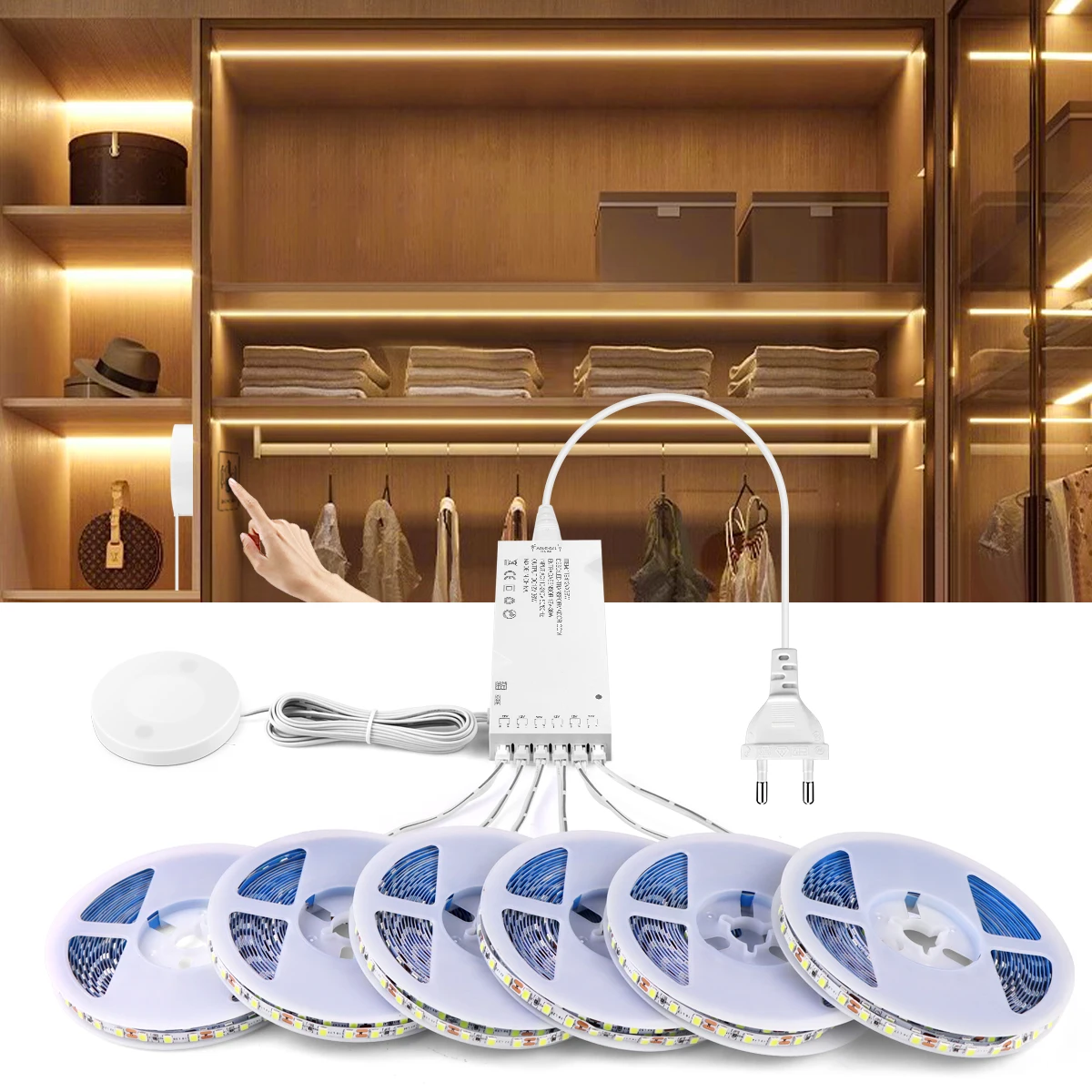 12V LED Strip Light 2835 120LED/M Penetrable Wood Hand Scan Sensor and Touch Dimmable Switch Control LED Tape Shelf Cabinet Lamp