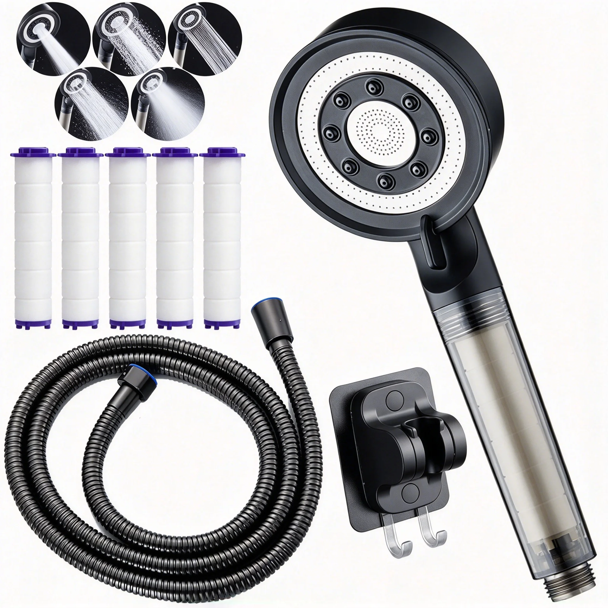 Hochdruck-Duschkopf-Set mit 5 Strahlmodi, 1,5M Schlauch, Halterung, Verstellbarer Handbrause mit Filter, Wassersparende Sprühdüse, Badezimmer-Zubehör