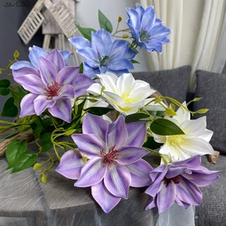 SunMade 3 Heads Utopia Clematis Branch with Leaves Real Touch Artificial Flowers Home Garden Decoration Fake Plants Blue Flores