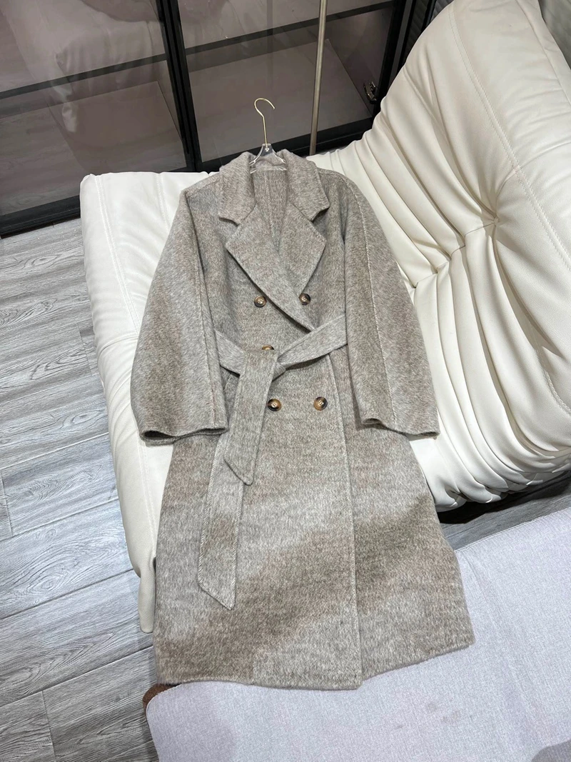 Lingzhi Wu Sheep Wool Coat Cashmere Silk Outerwear Autumn Winter British Double Breasted Thick Outwear Top Quality Woolen Coat