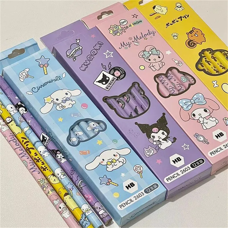 12pcs/Box Sanrio Pencil Kawaii Cinnamoroll My Melody Kuromi HB Black Write Draw Pencils Primary for Students Learning Equipment