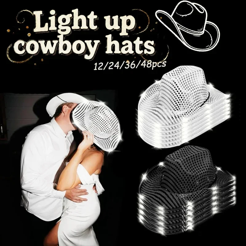 LED Light Up Cowboy Hat Sequin Neon Party Hats for Bachelorette Party Wedding Disco Dance Costume Props 2PCS