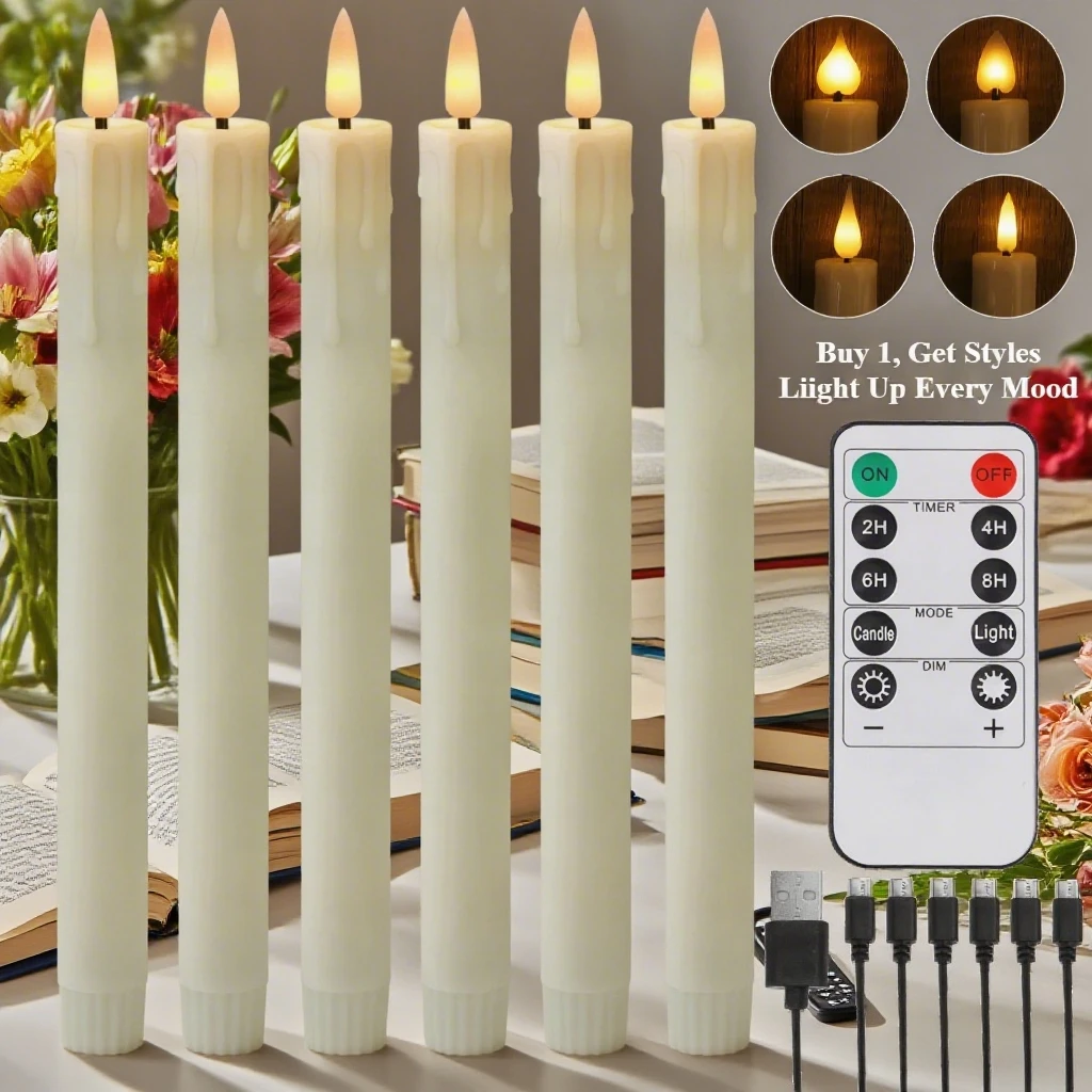 

Long Christmas LED Candle with Remote Timer Flameless Ivory Taper Candles Battery Powered Church Flickering Candlesticks Light