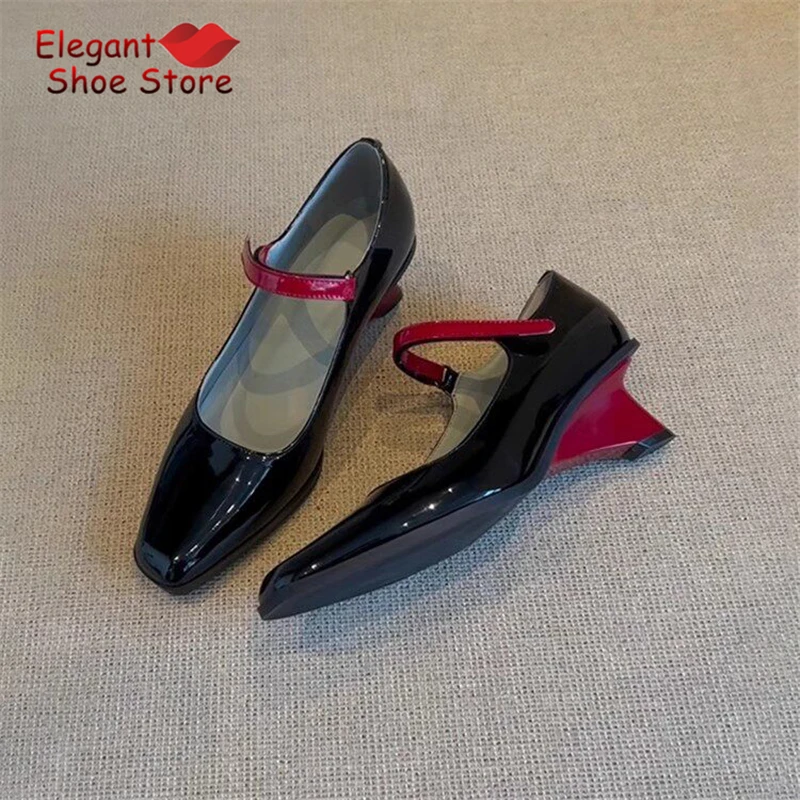Retro Square Toe Wedge Mary Jane Shoes Mixed Colors Strap Buckle Patent Leather High Heels Pumps Fashion Women Party Dress Shoes