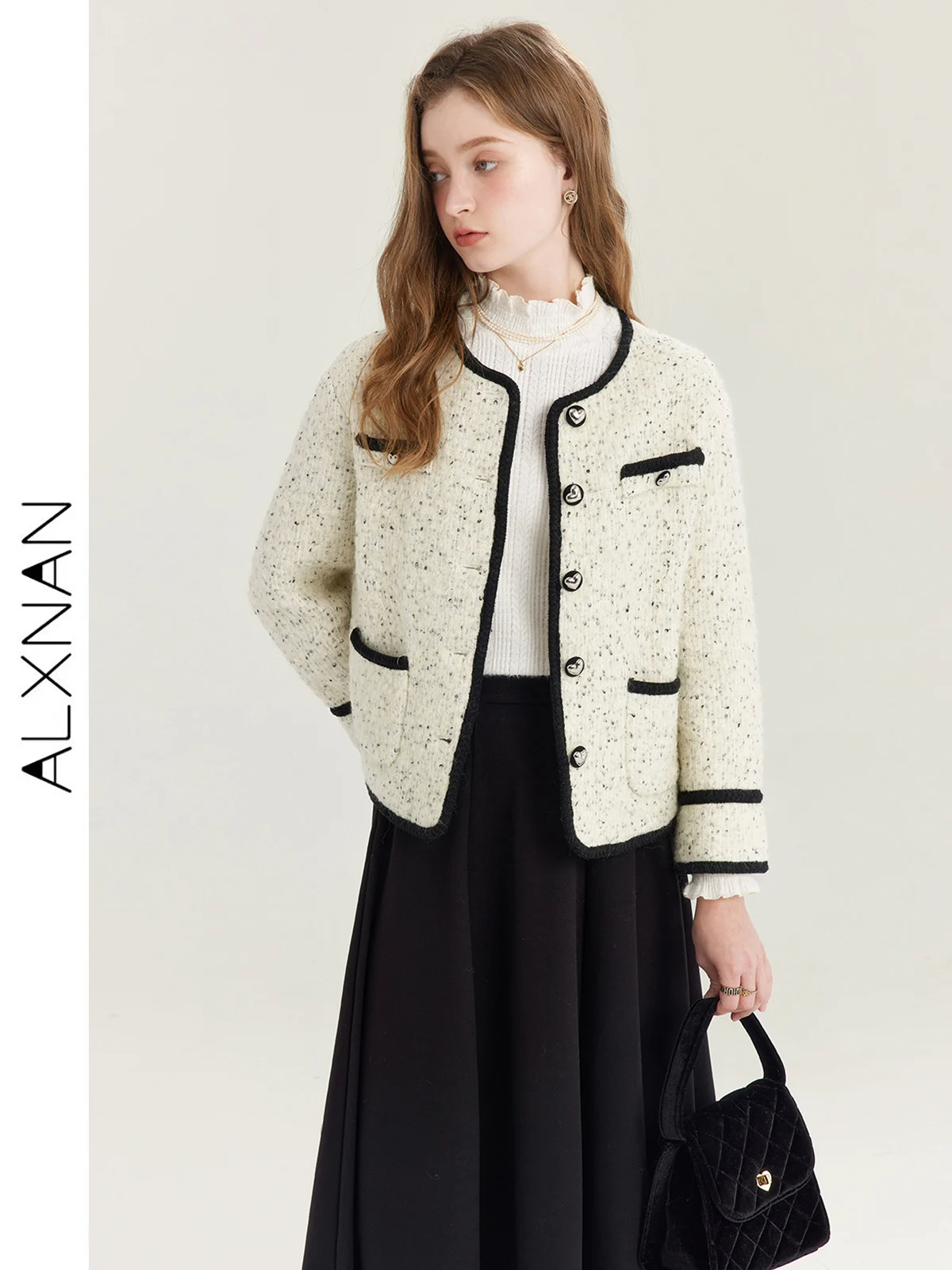 

ALXNAN French Chic Female Tweed Basic Single Breasted Jacket For Women 2024 Autumn Luxury Apricot Female Cropped Coats T01019