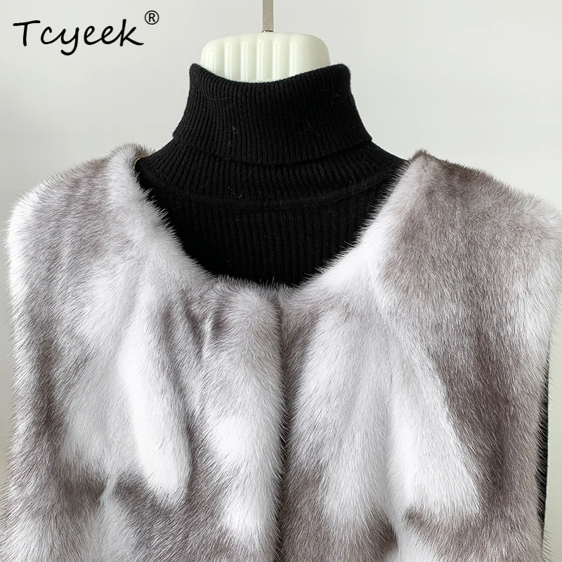 Tcyeek colete de pele de vison cruz natural feminino 2025 outono inverno roupas estilo curto coletes de pele real para mulher casacos de vison inteiro