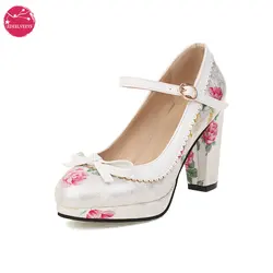 Woman's High Heel Lolita Shoes Printed Flower Leather Cute Bowknot Mary Jane Pumps Round Toe Summer Sweet Fashion Comfort Dress