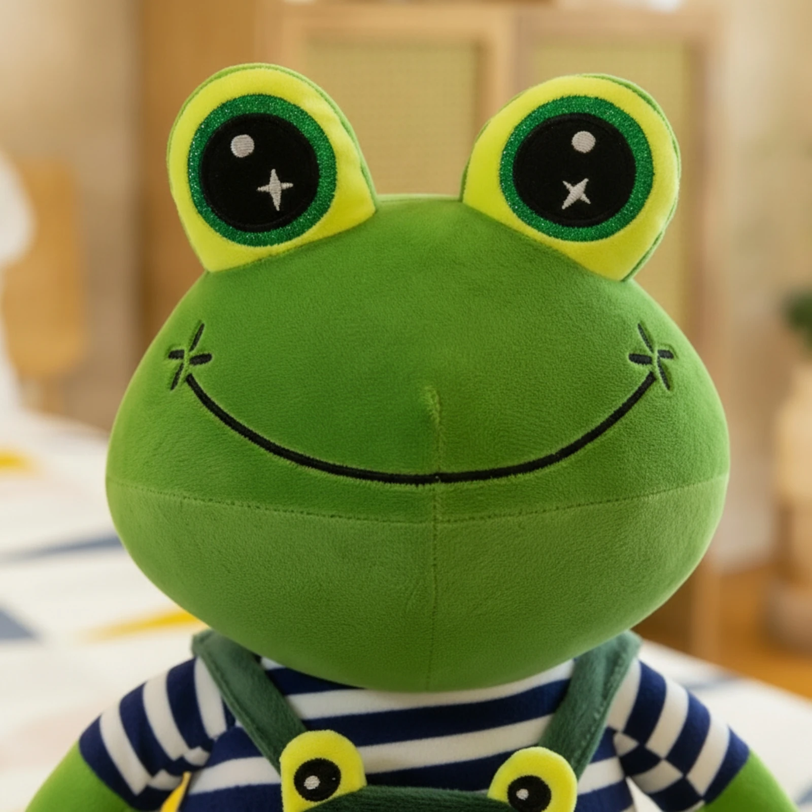 カエルのぬいぐるみ-座ったカエルのぬいぐるみ-漫画風刺繍入り-子供、寝室、保育園用