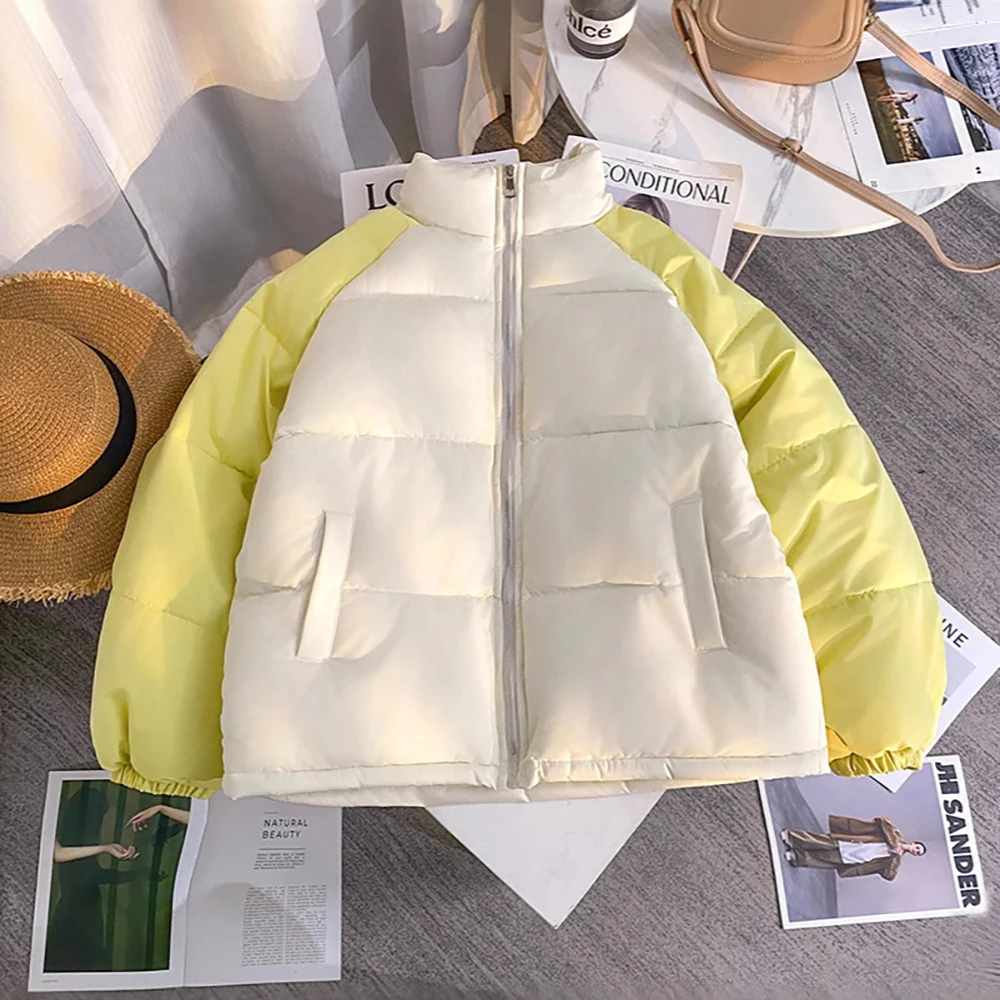 

Women Winter Contrast Color Cotton Coats 2025 New Fashion Stand Up Collar Bread Jacket Thick Warm Cotton Padded Parkas Outerwear