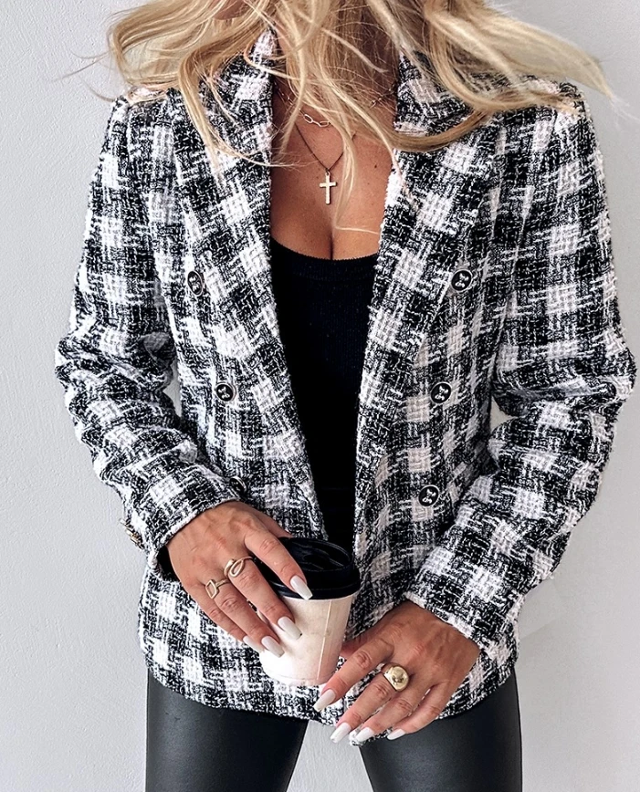 Winter 2024 Fashion Tweed Plaid Pattern Double Breasted Blazer Women Suit Coat