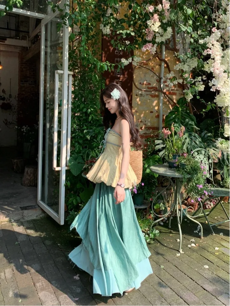 

2025 New Spicy Girl Set Color Collision Knot Tube Top Vest Women Summer Drape Splice Skirt Two Piece Set