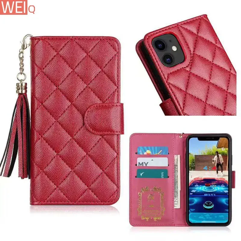 Super Luxury Caviar Filp Case for iPhone 16 15 14 13 12 11 leather bag 16pm 15pm Brand Wallet Cover Cute Dangler Phone Accessory