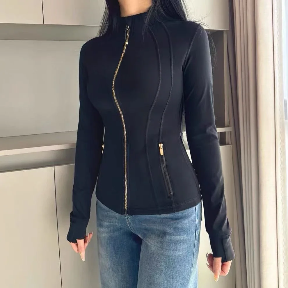 

Lemon Women Defines Long Sleeve Sports Jacket With Pockets High Elastic Fitness Yoga Running Zip Up Jackets Workout Coat Top