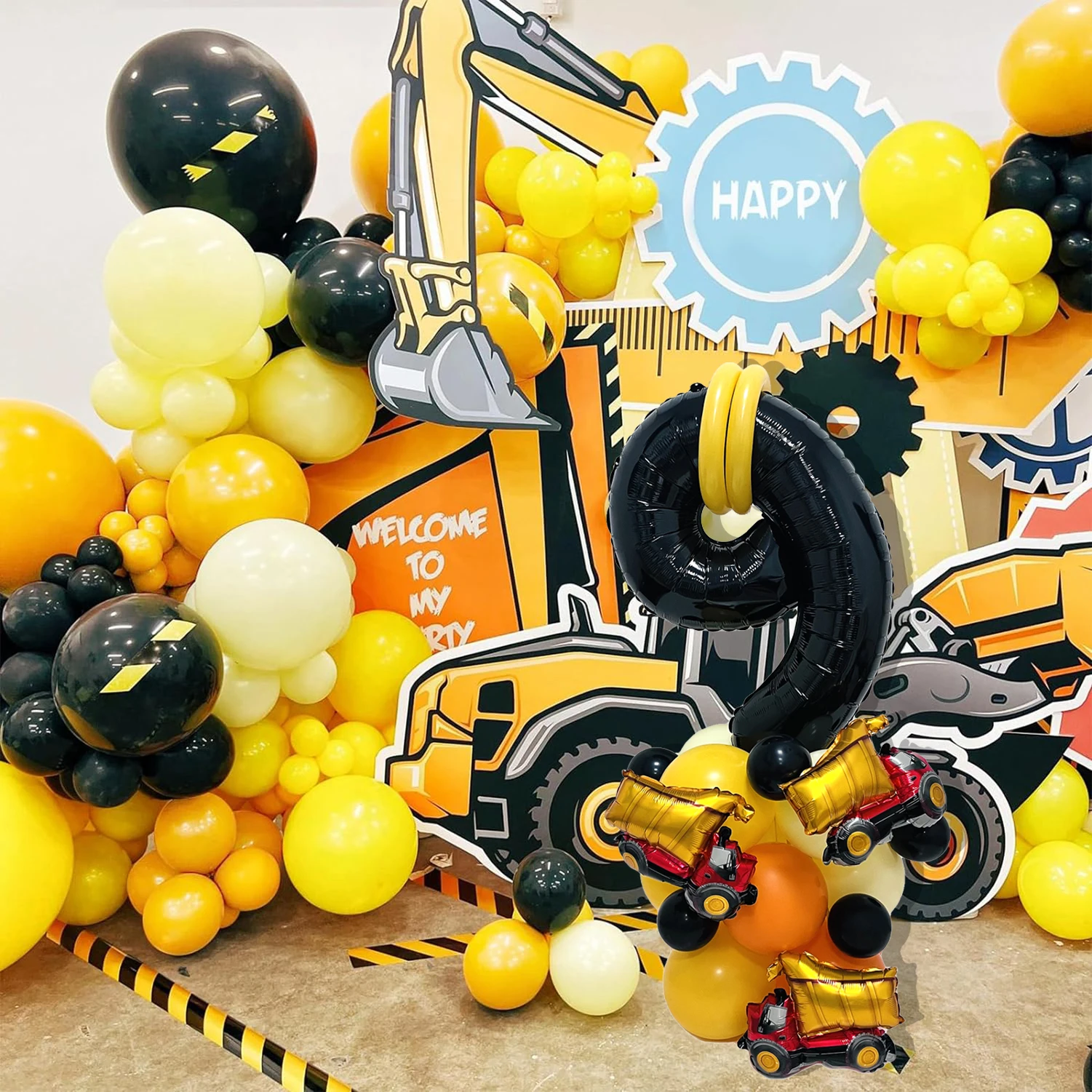 31pcs/set, 32inch Construction Theme Age Number Truck ExcavatorTower With Black Balloon Birthday Party Decorations Supplies