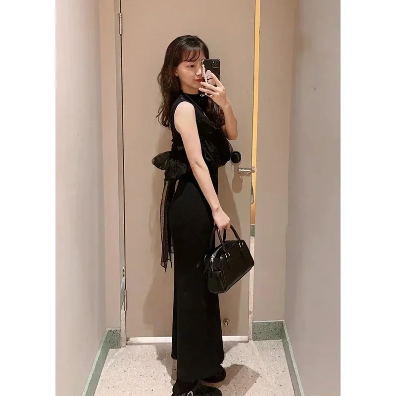 Kuzuwata Chiffon Strap Half High Collar Long Knitted Dress 2024 Autumn Japanese Sweet Elegant Two Piece Suits Femme Solid Color