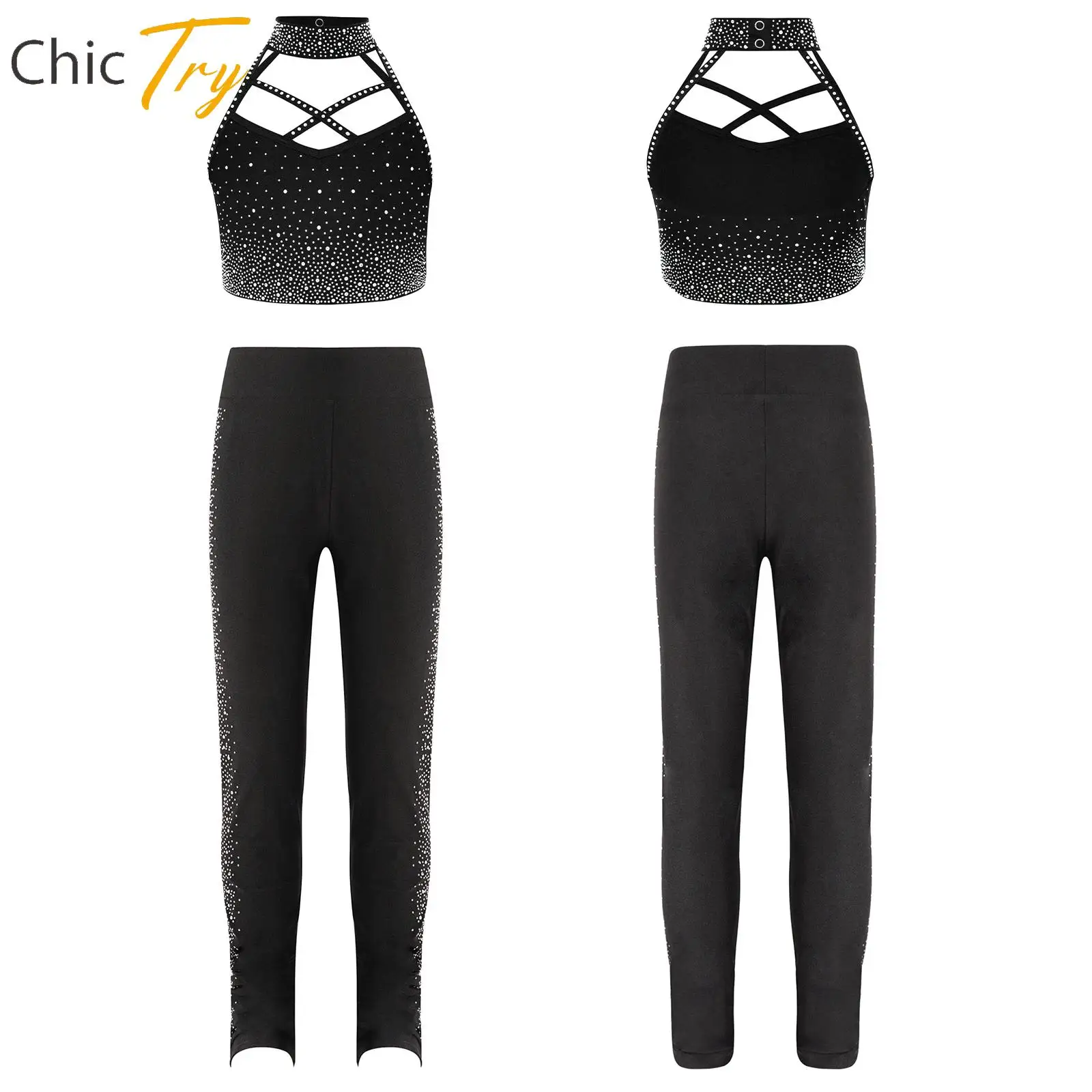 

Kids Girls Figure Skating Dance Outfit Halter Sleeveless Rhinestone Crop Top with Leggings Teens Gymnastics Ballet Dancewear