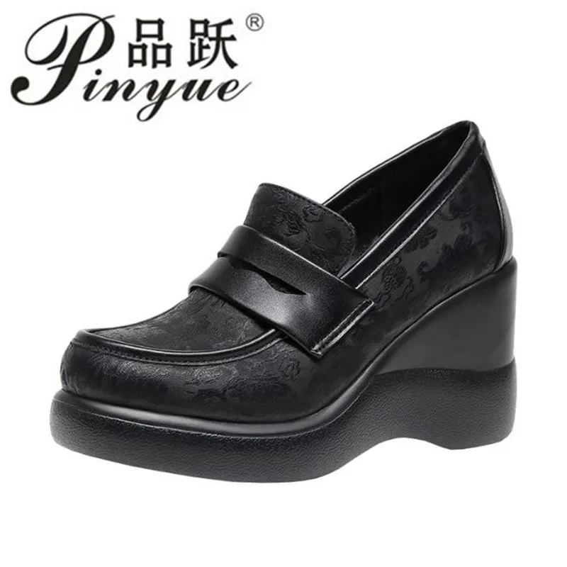 

8cm Vintage printing Chunky Platform Pumps Women Loafers Wedges Fall Block Office Mom High Heels Shoes 32-43