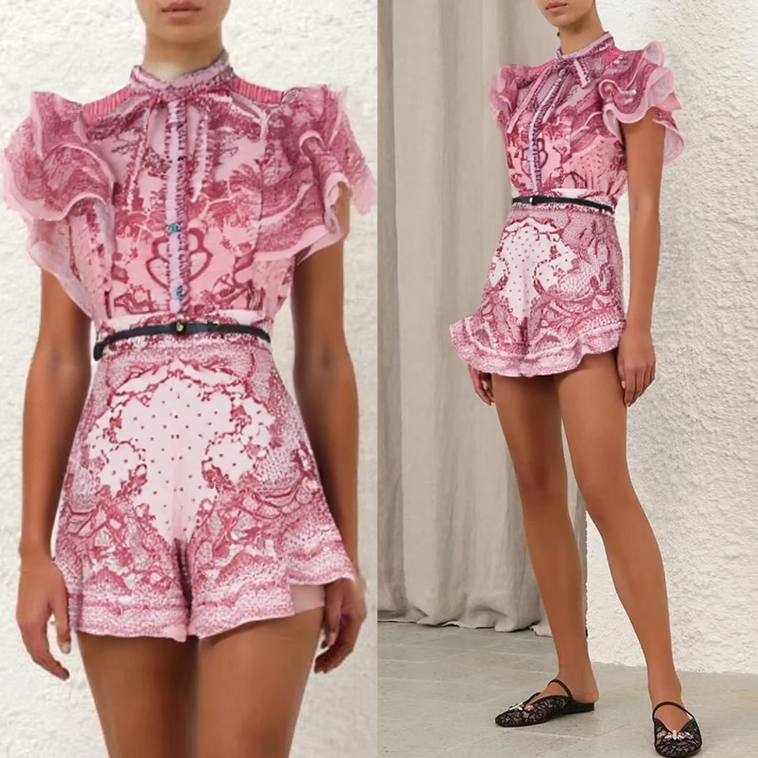 

Australian 2025 Spring Summer Vaion New Sle Slim Fit Svel irt Ruffle Hem orts Set Tee Piece Set Women's Faion