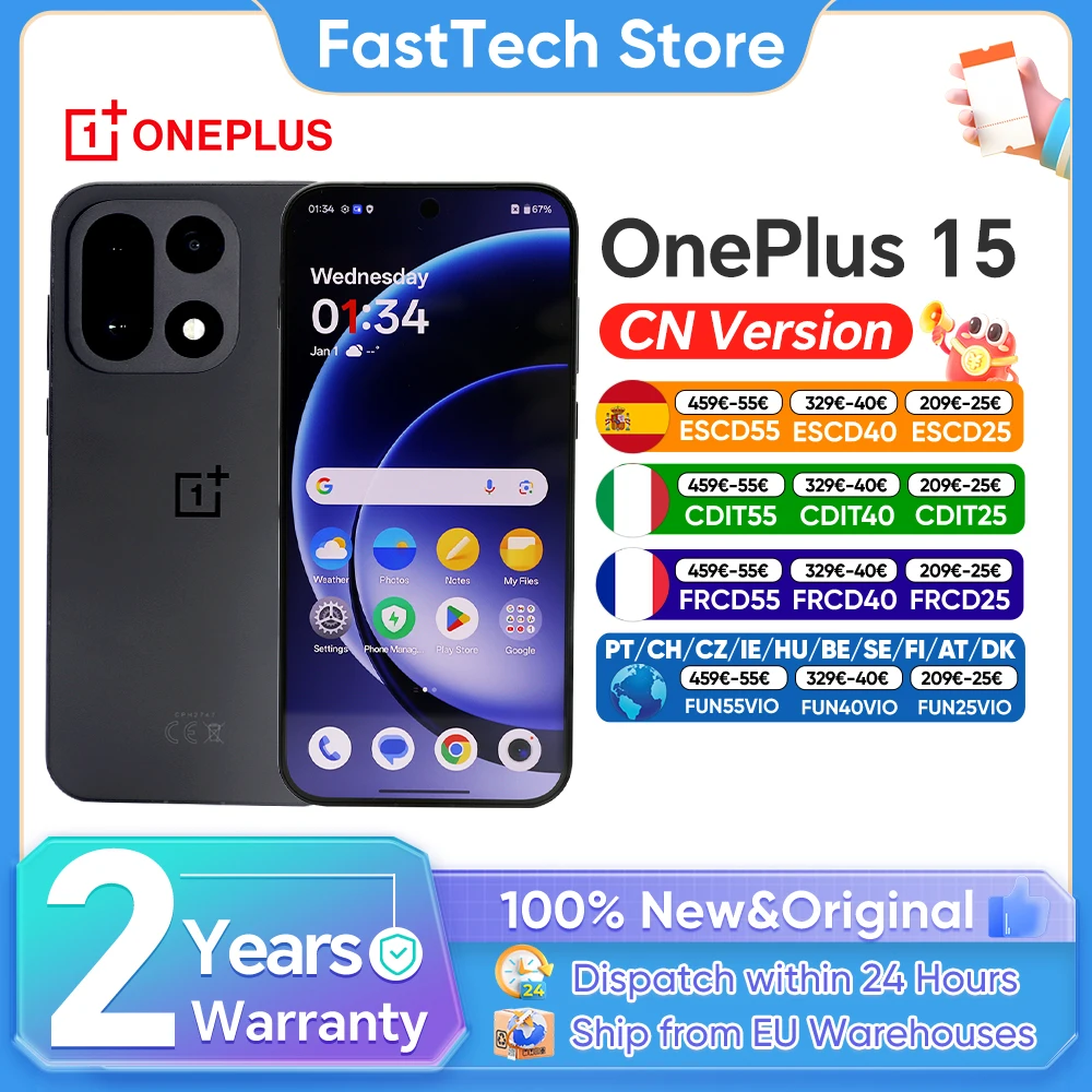 Smartphone OnePlus 15 5G, Snapdragon 8 Gen 5, écran AMOLED 6,78 pouces 165 Hz, 7300 mAh, 120 W, triple appareil photo 50 MP